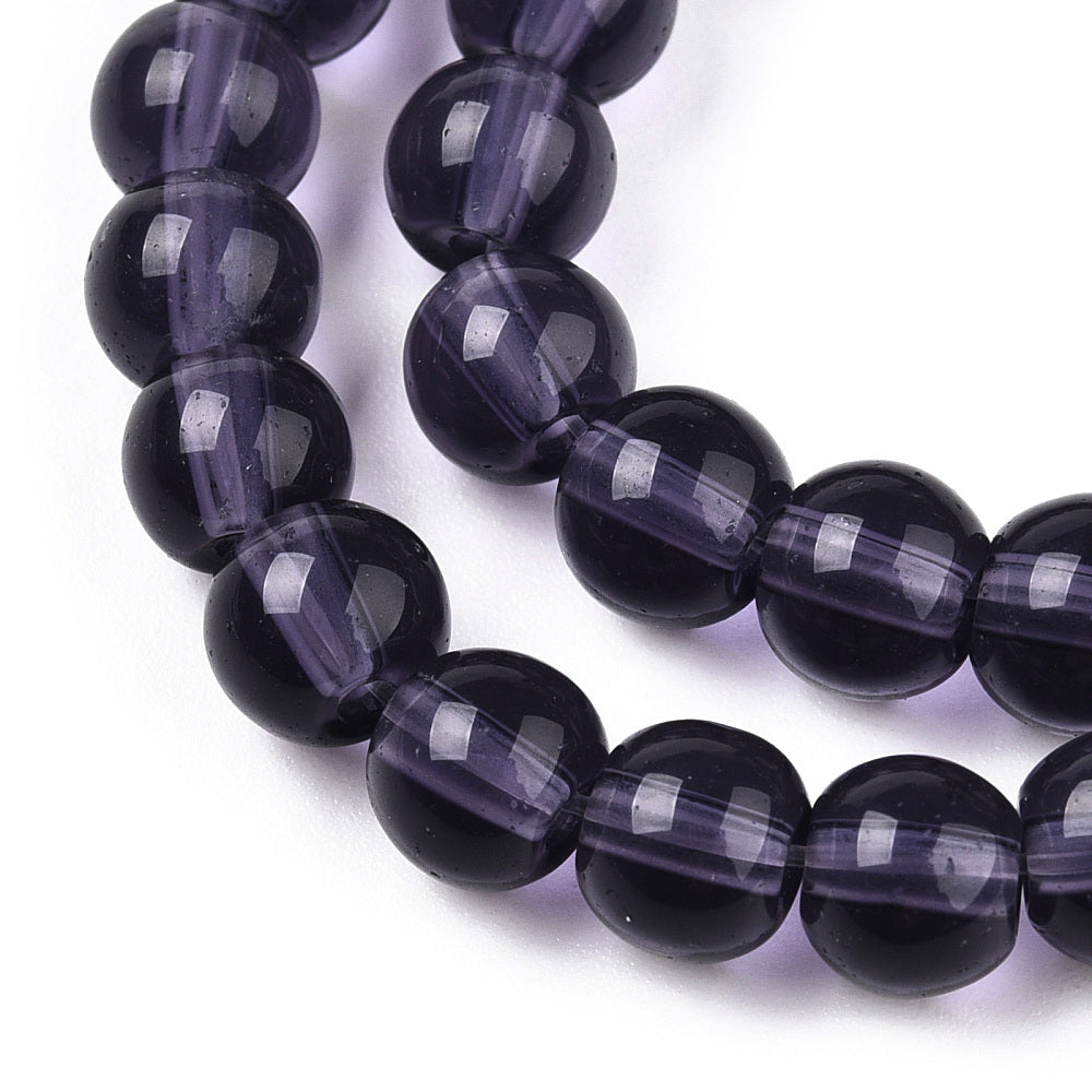 Dark purple transparent glass round beads strand, glossy faceted texture
