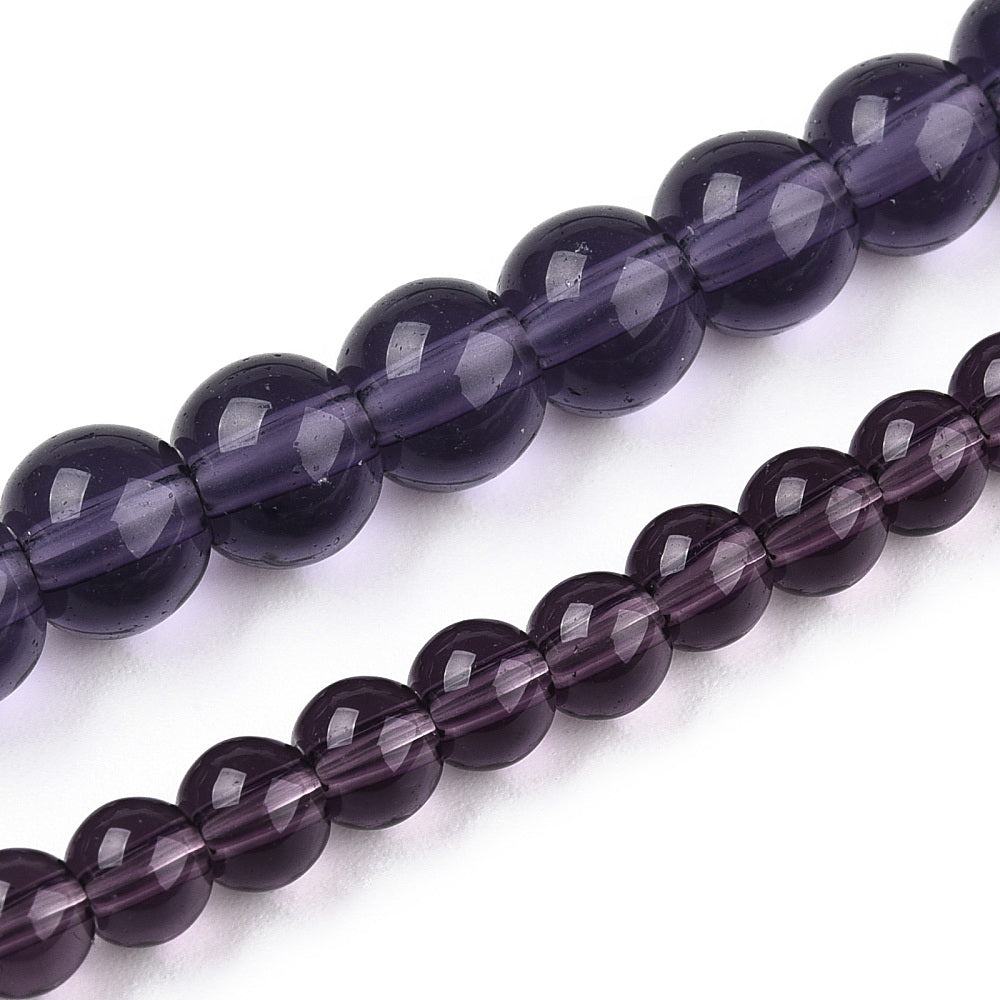 Dark purple transparent glass round beads strand, smooth glossy surface