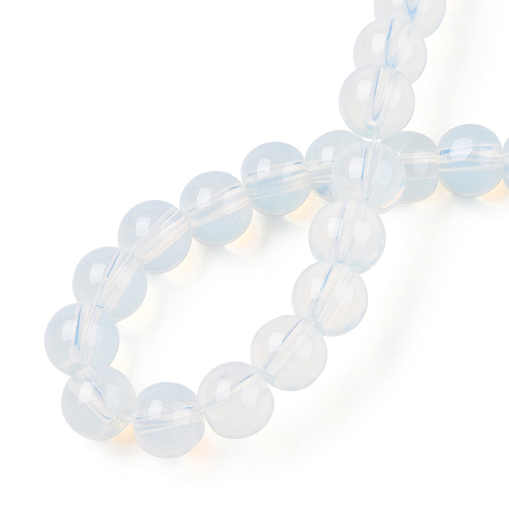 Transparent glass round beads strand, light blue opal-like, single loop on white
