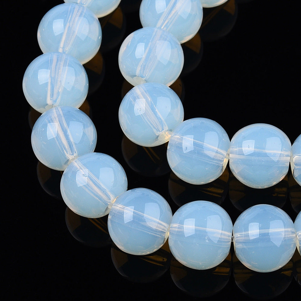 Transparent round glass beads strand, light opal blue, smooth 8–8.5mm beads