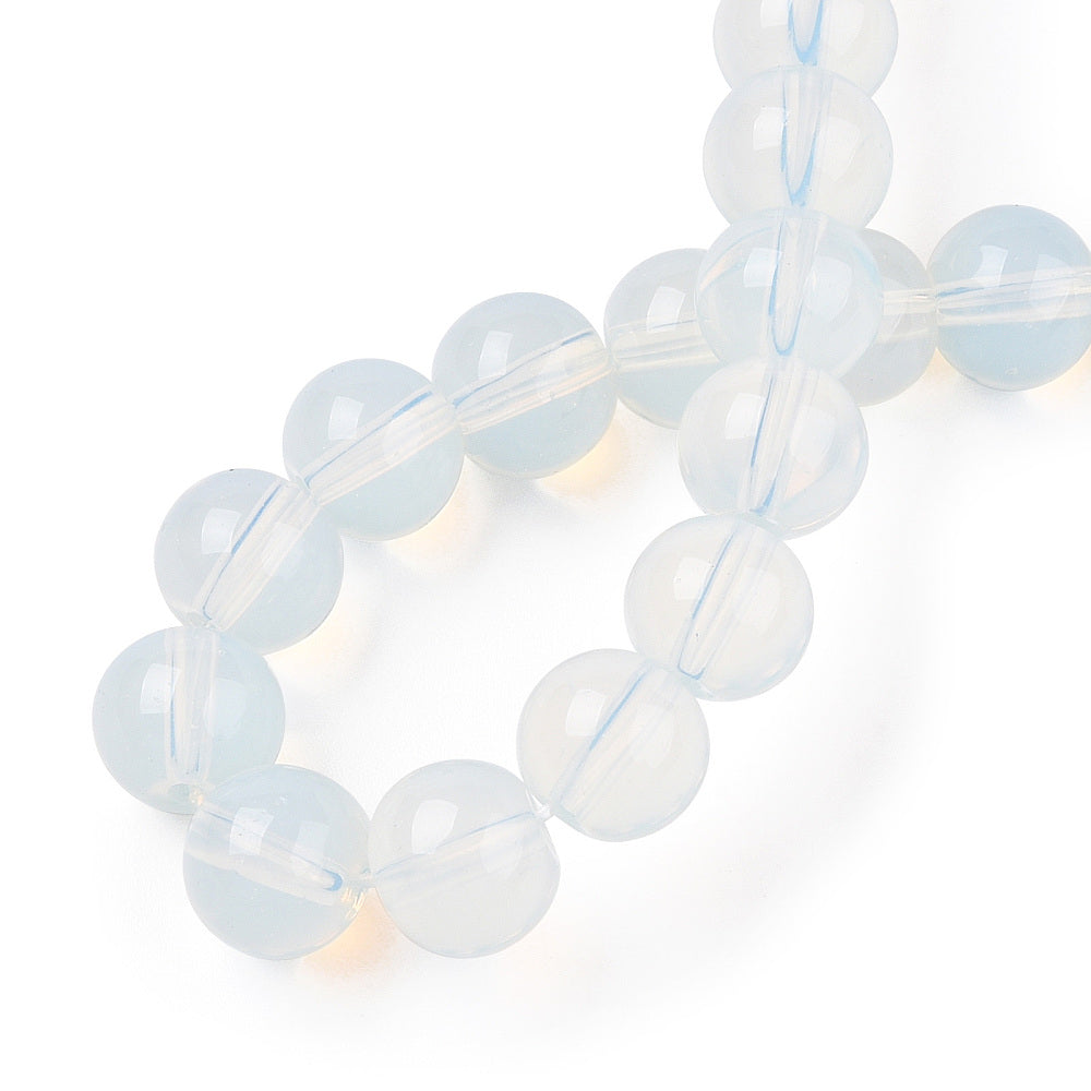 Transparent round glass beads strand, milky opal white beads with glossy finish
