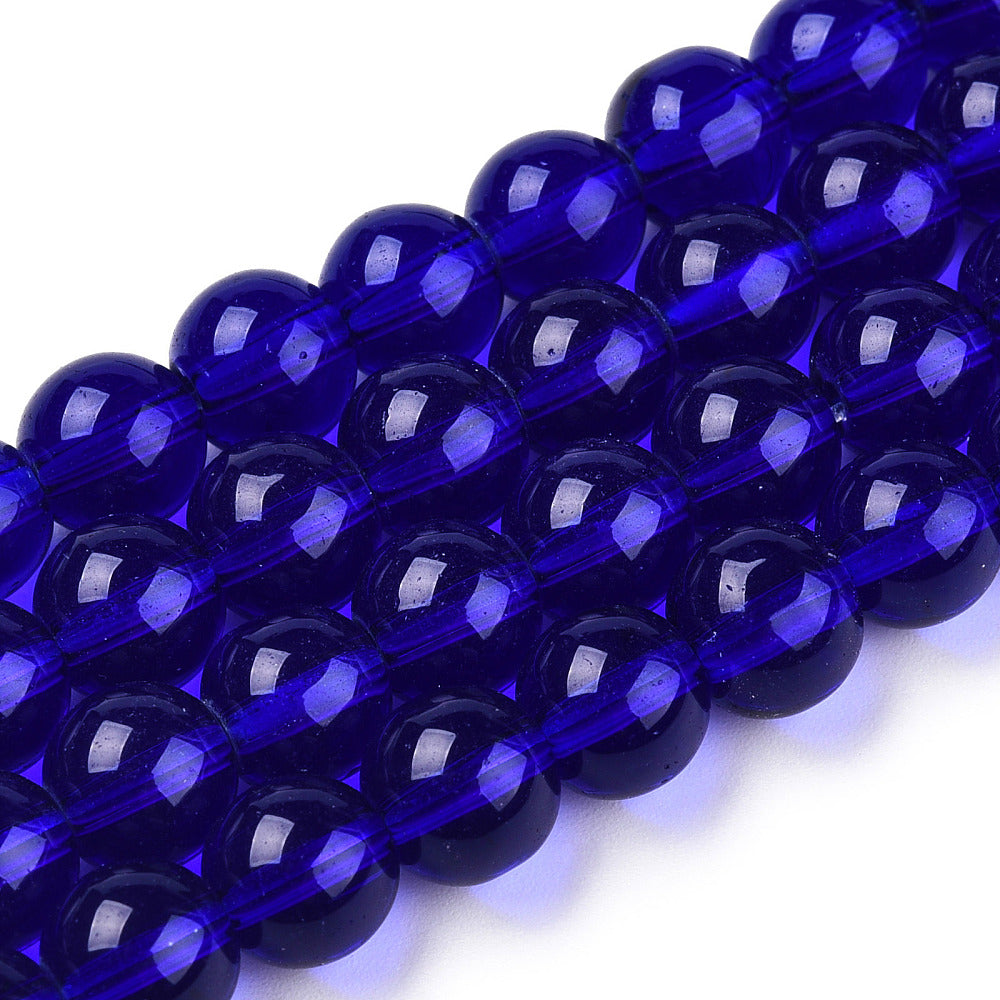 Transparent dark blue glass round beads strand, glossy, faceted, 8–8.5mm