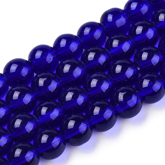 Transparent dark blue glass round beads strand, glossy, faceted, 8–8.5mm