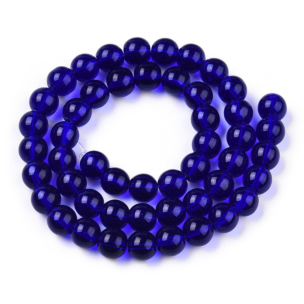 Dark blue transparent glass round beads strand, glossy 8–8.5mm beads