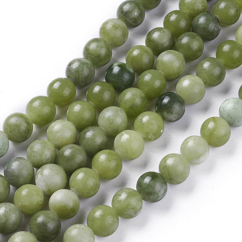 Round jade bead strand in olive-green tones, 8mm beads, smooth polished finish
