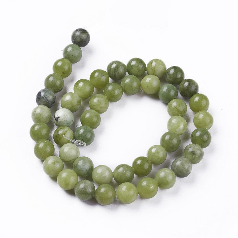 Round jade bead strand with olive and dark green beads, 8mm, smooth round shape