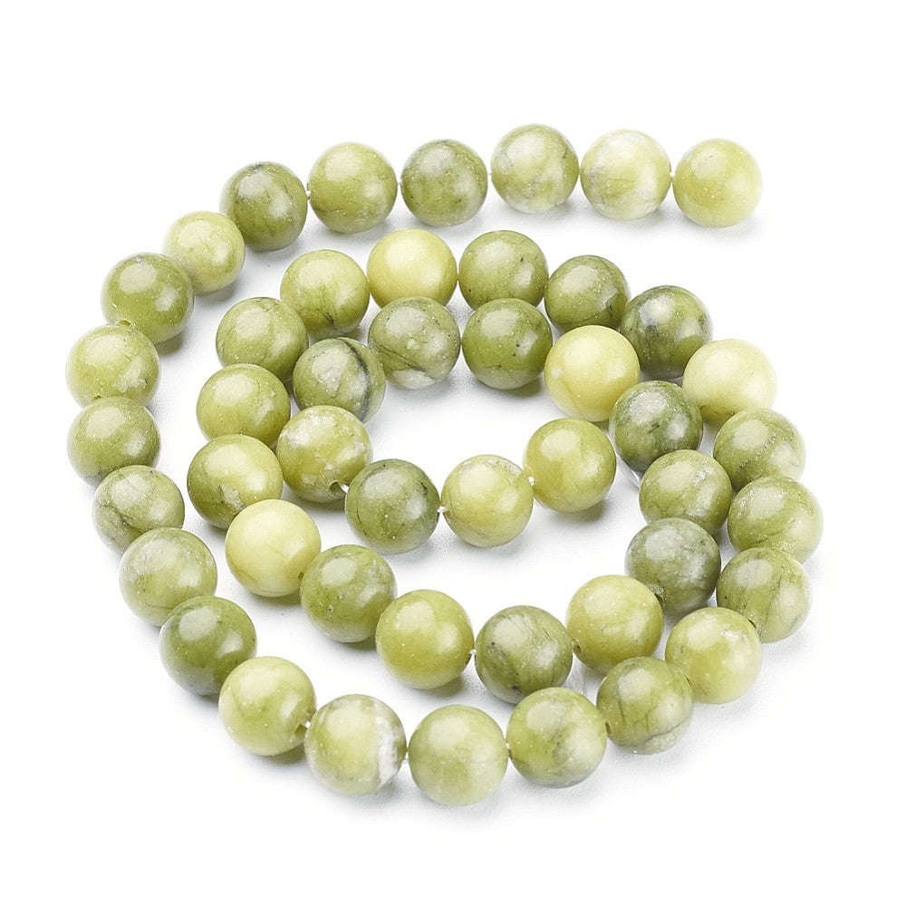 Round jade bead strand in light green and pale yellow-green, 8mm beads, smooth finish