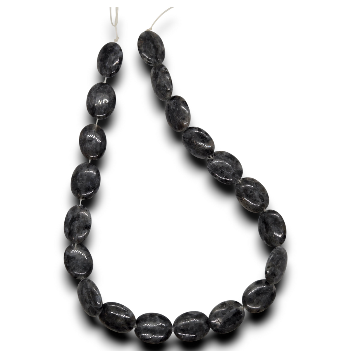 Labradorite bead strand with smooth oval black beads, glossy natural speckles