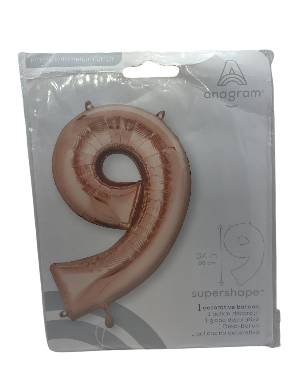Rose gold 9 supershape foil balloon, packaged, tall 34 in