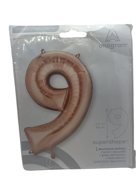 Rose gold 9 supershape foil balloon, packaged, tall 34 in