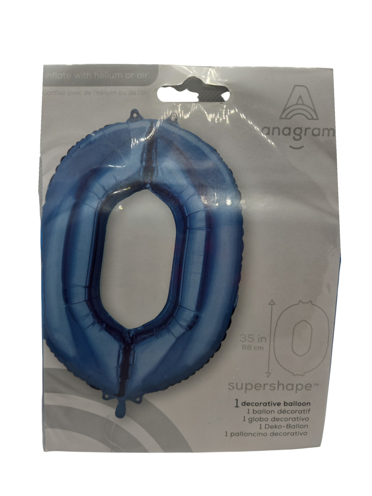 Blue foil number 0 balloon, tall supershape design with self-sealing valve