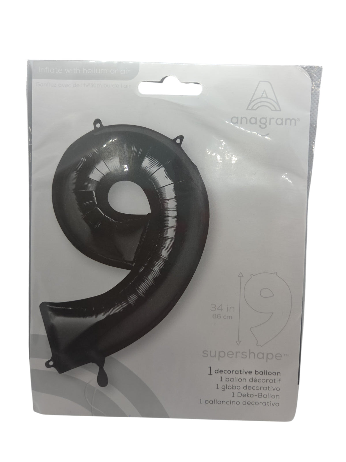 Black foil number 9 balloon, 34 in tall