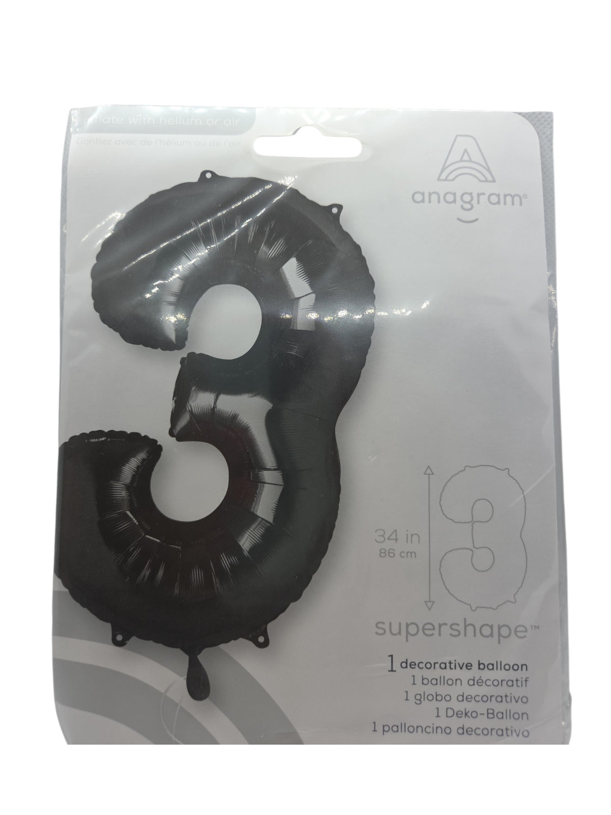 Black foil number 3 supershape balloon, 34 in tall, single decorative balloon