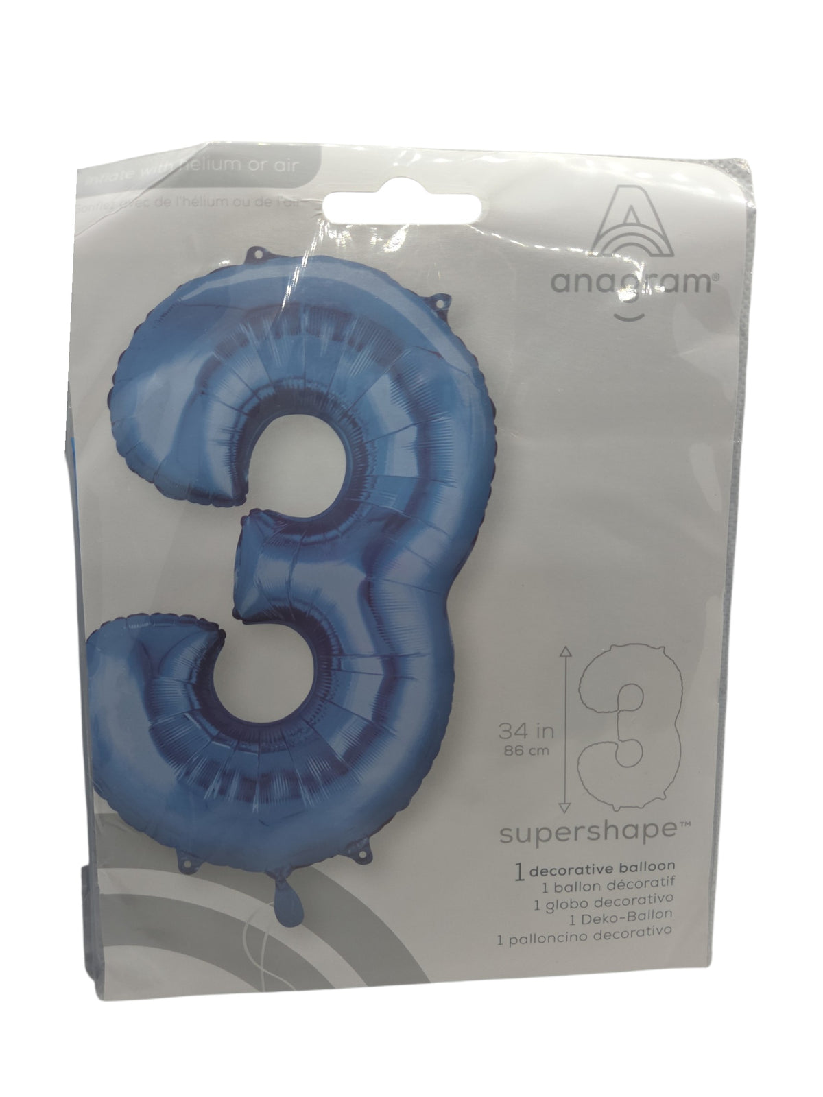 Blue foil number 3 balloon, 34 in tall, supershape design