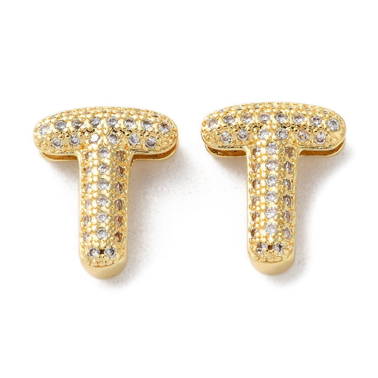 Gold-tone cubic zirconia pavé letter T slide charm, rounded top, front view
