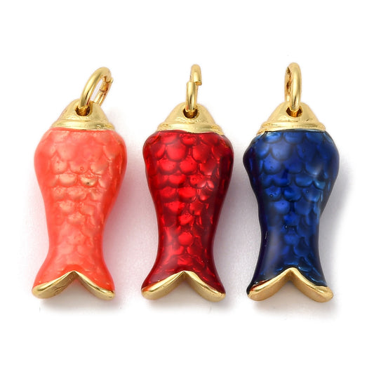 Red fish enamel pendant with gold-tone jump ring and bail, sculpted scale pattern