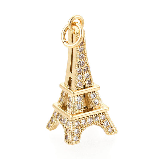 Eiffel tower pendant in gold-tone with micro-pavé CZ and hanging loop, open back detail