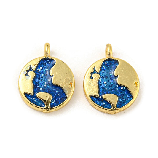 Gold plated round map charm with blue enamel earth design and top loop, front