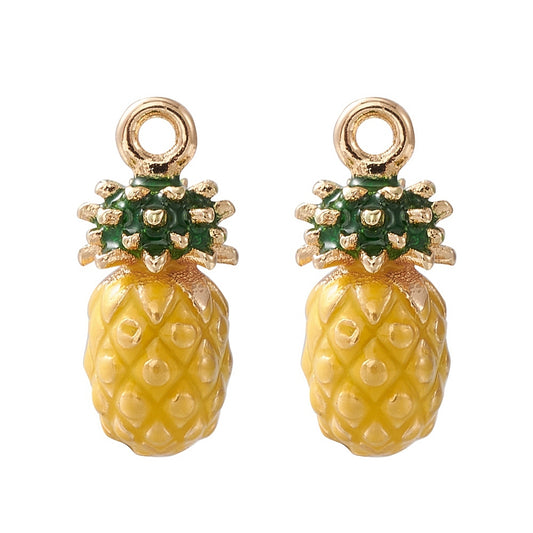 Yellow enamel pineapple charm with gold loop, green leaf crown, gold-tone accents, pair