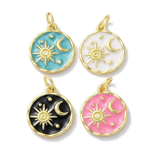 Round sun-and-moon enamel pendant set (gold tone) in blue, white, black, pink