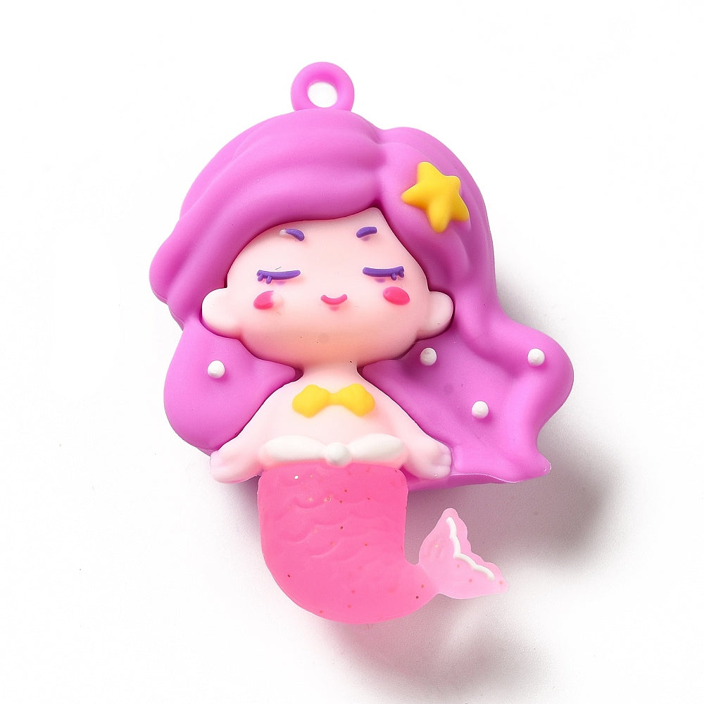 Orchid purple mermaid pendant charm with cute girl, star accents, and dangling loop