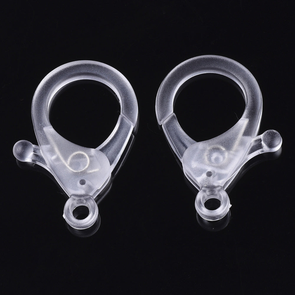 Clear plastic lobster claw clasps, two oval rings with snap closure