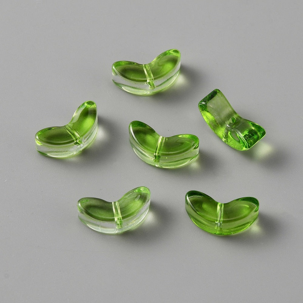 Green tulip-shaped lampwork glass beads, set of six with central holes