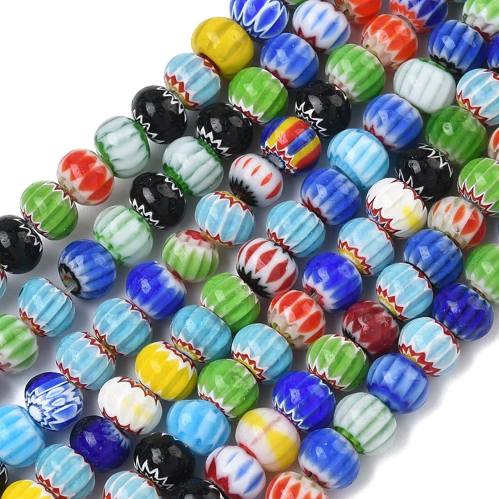 Mixed-color handmade glass rondelle beads with colorful millefiori designs