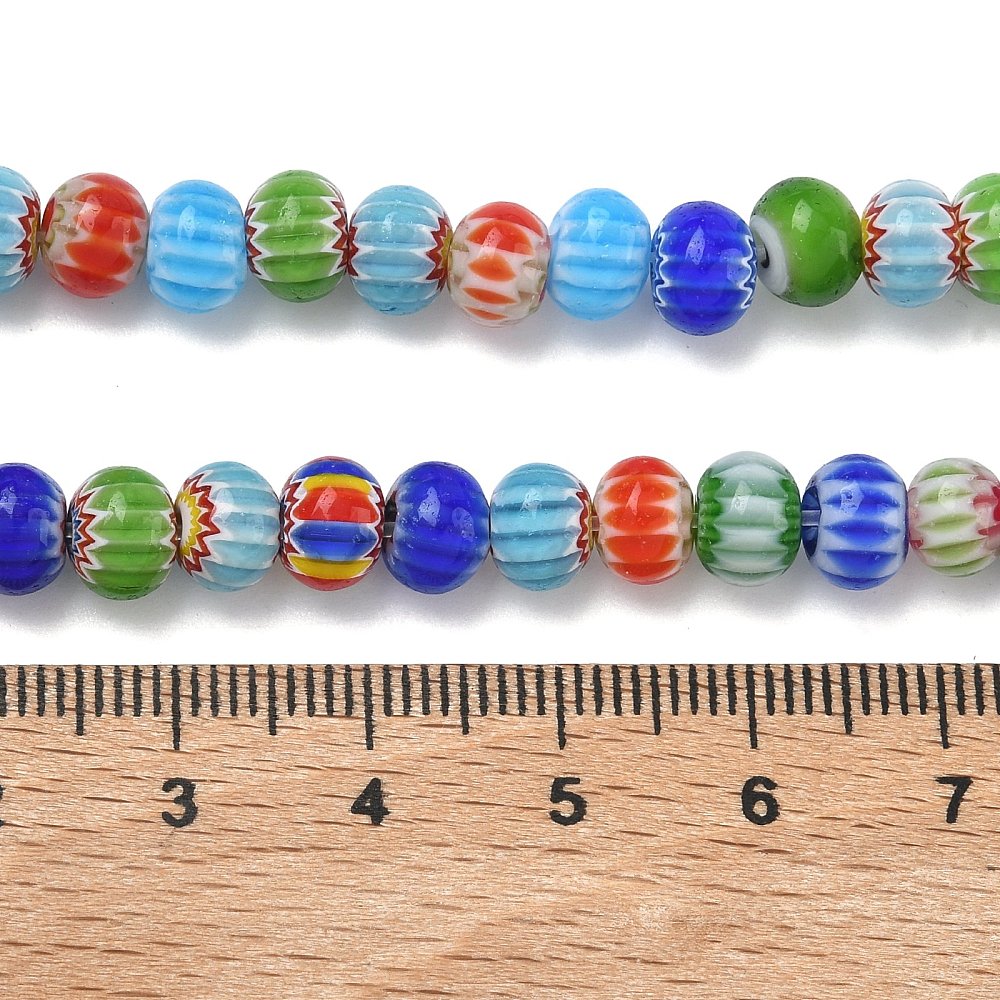 Handmade glass rondelle beads strand, mixed colors with millefiori patterns