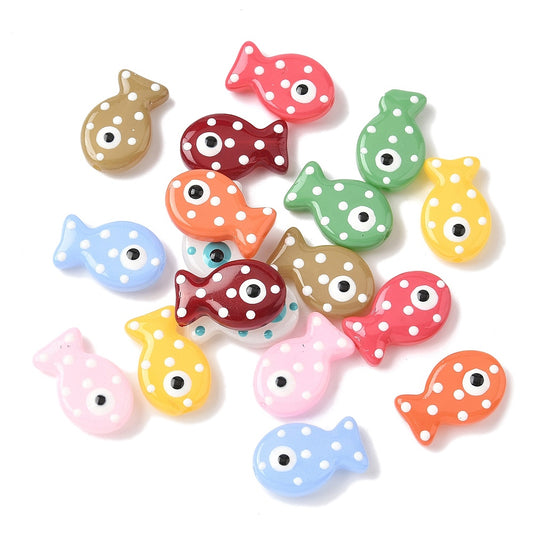 Assorted fish enamel beads, mixed colors, white dots, black eye