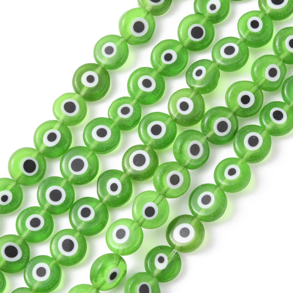 Lime green flat round lampwork beads on a strand, with white and black evil-eye centers