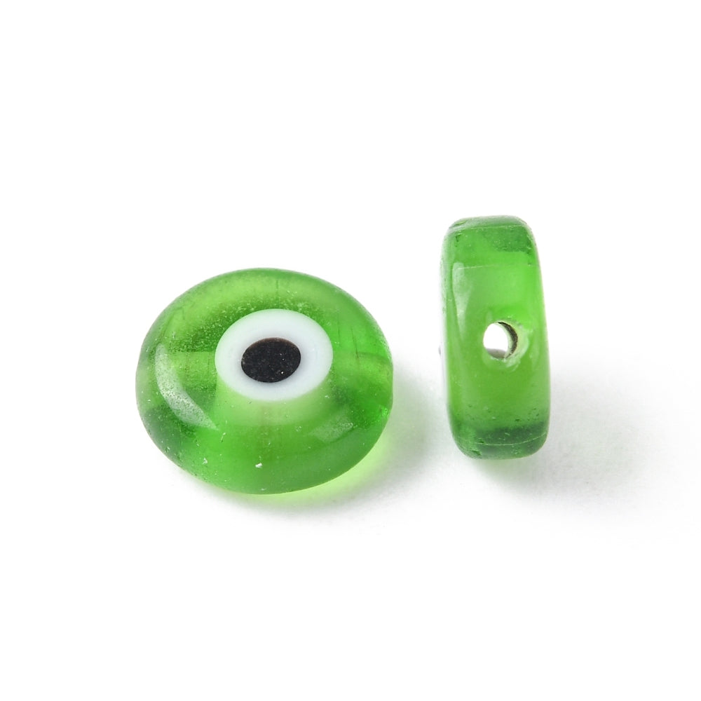 Lime green flat round lampwork evil-eye bead with white-and-black eye, plus small green bead