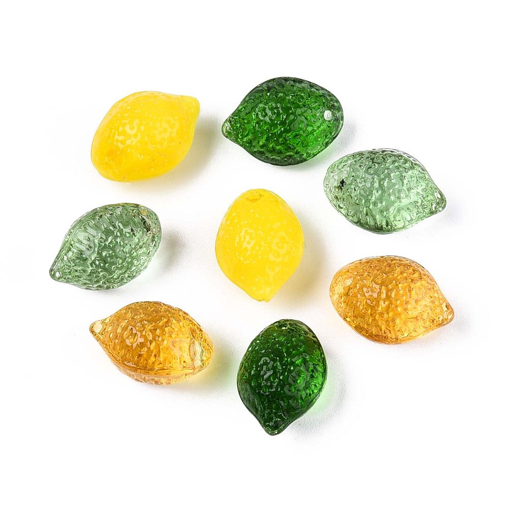 Glass beads strand, lemon yellow and green faceted teardrops