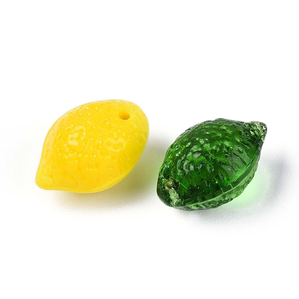 Glass beads with hole, lemon yellow and dark green translucent teardrops
