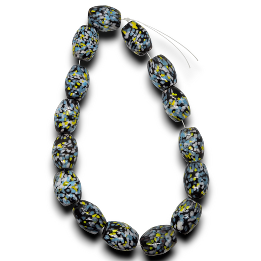 Vintage glass barrel bead strand with black, blue, yellow, and white spotted swirl beads