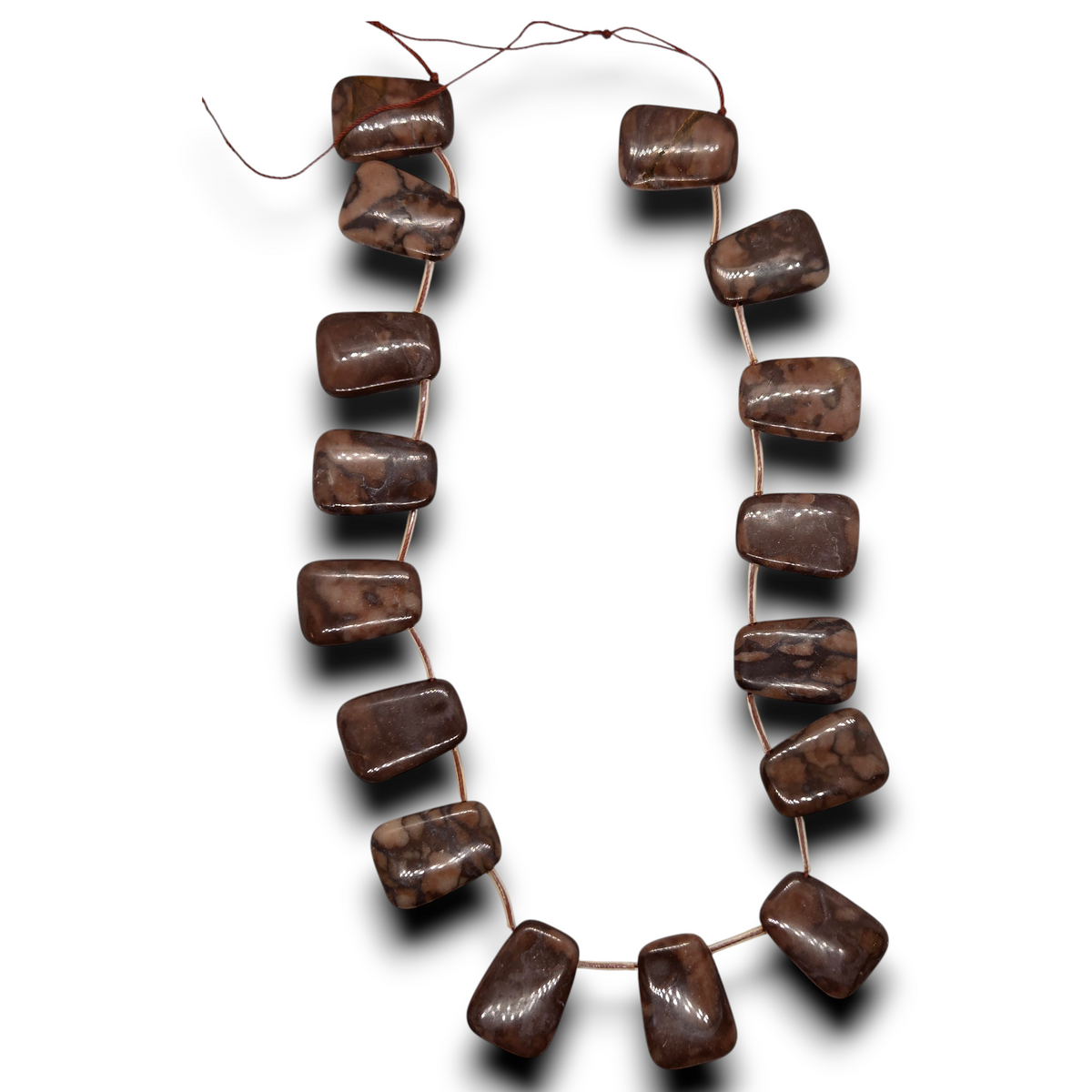 Brown jasper trapezoid pendant bead strand, smooth dark brown beads on wire