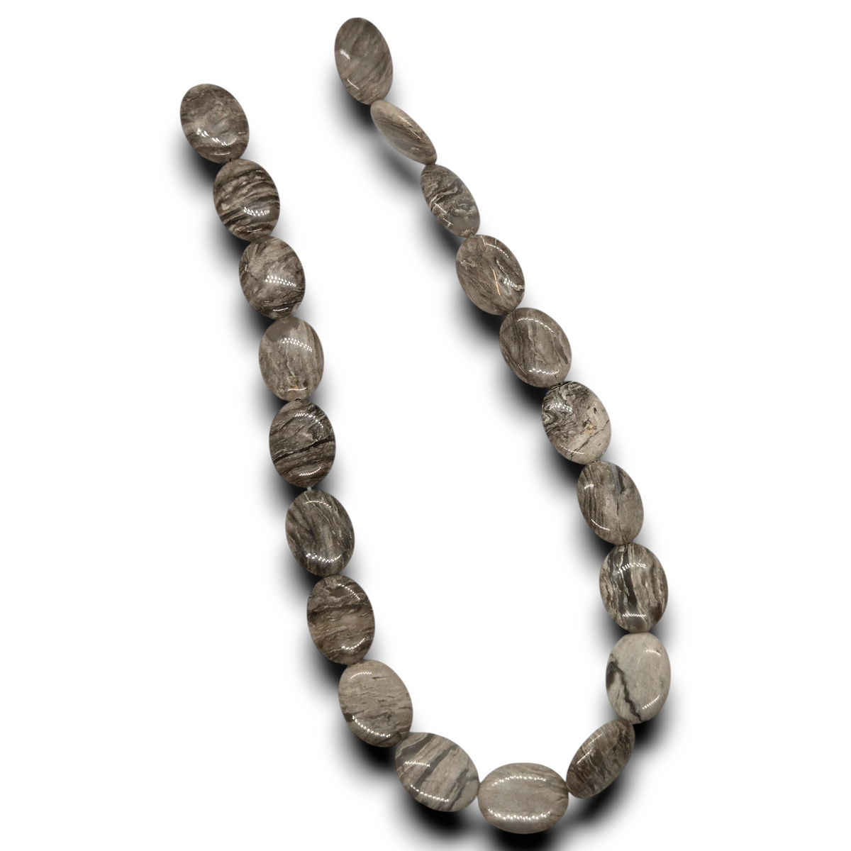 Smooth oval jasper bead strand with silver-leaf speckles, gray, approx 20x15mm.