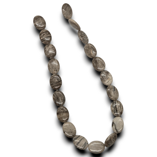 Smooth oval jasper bead strand with silver-leaf speckles, gray, approx 20x15mm.