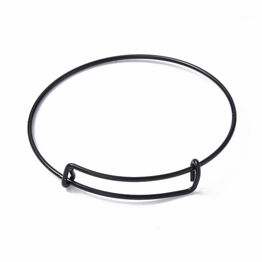 Black adjustable wire bangle bracelet with open clasp and rounded loop