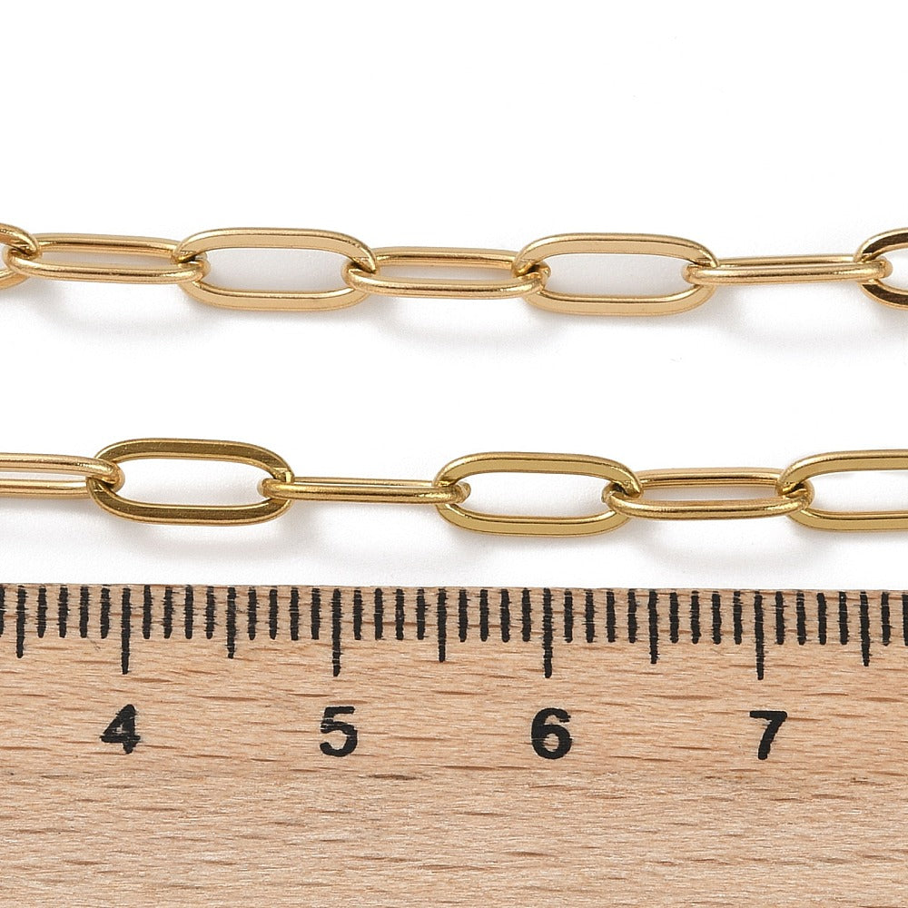 Gold oval paperclip chain necklace links, close-up