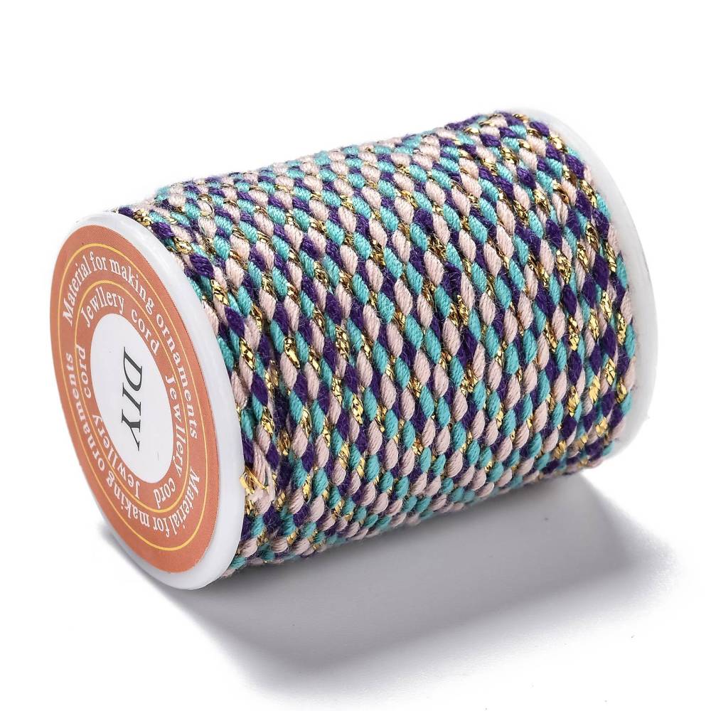 Metallic braided cord roll with teal and purple threads plus gold highlights