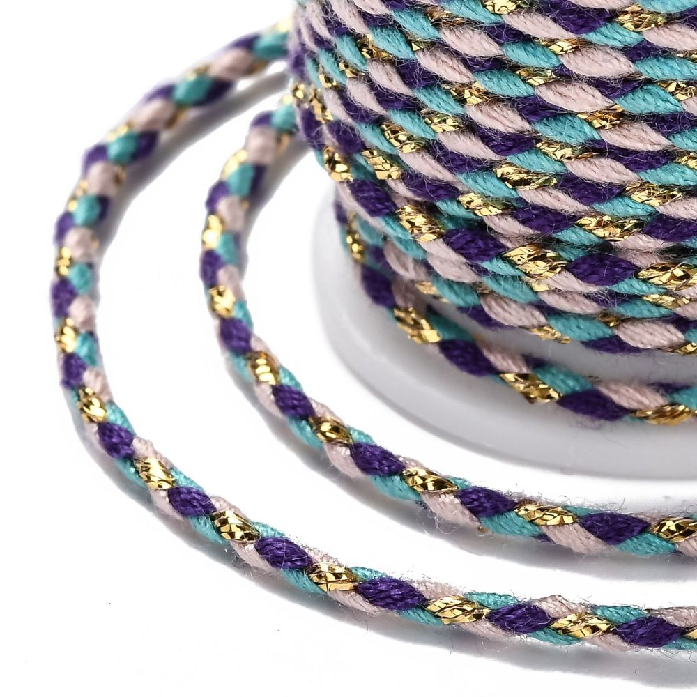 Metallic braided cord strand with teal and purple threads and small gold accents