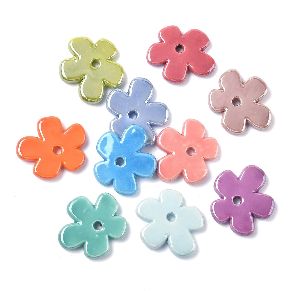 Porcelain flower beads, assorted colors—lime, orange, blue, pink, white, purple.