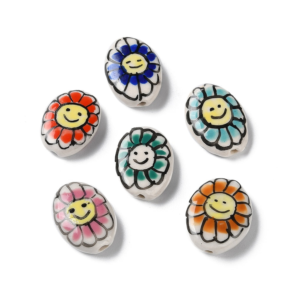 Handmade porcelain oval beads with multicolor flower smiley faces (5)