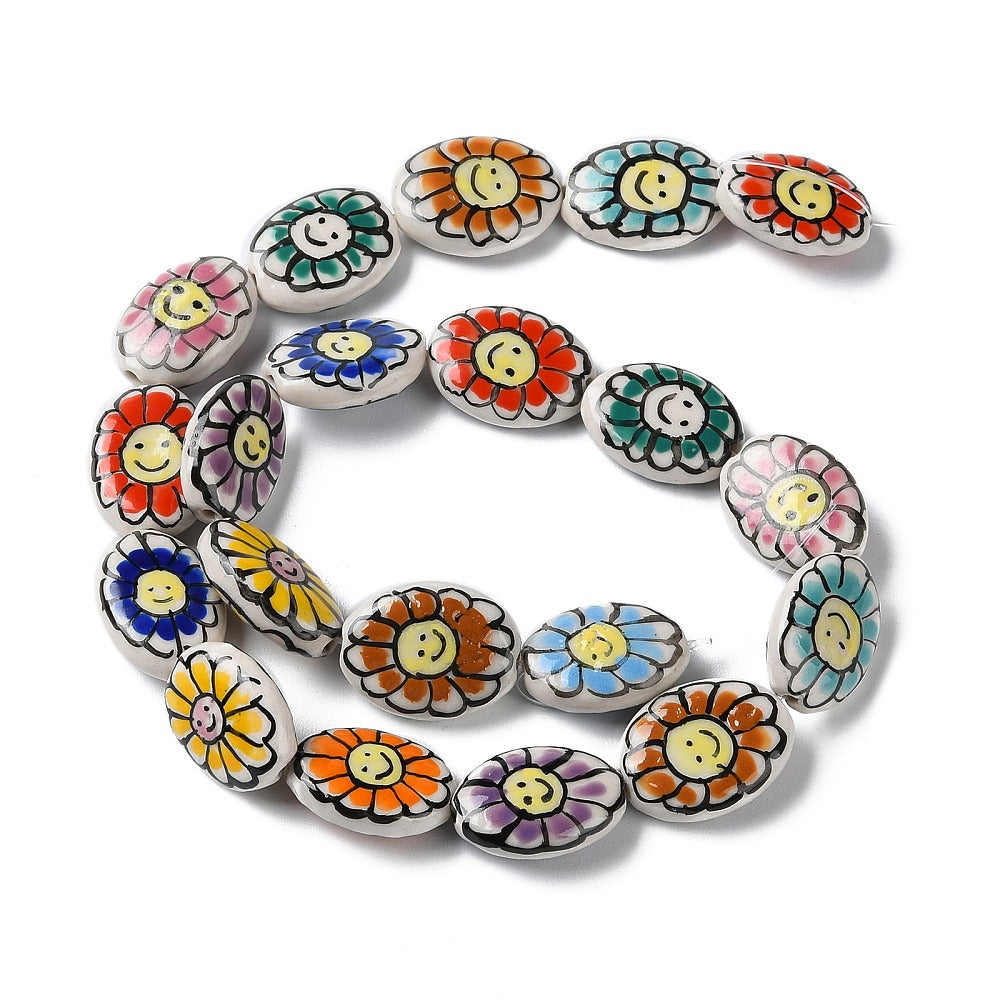 Handmade porcelain oval beads strand, multicolor flower smiley face pattern
