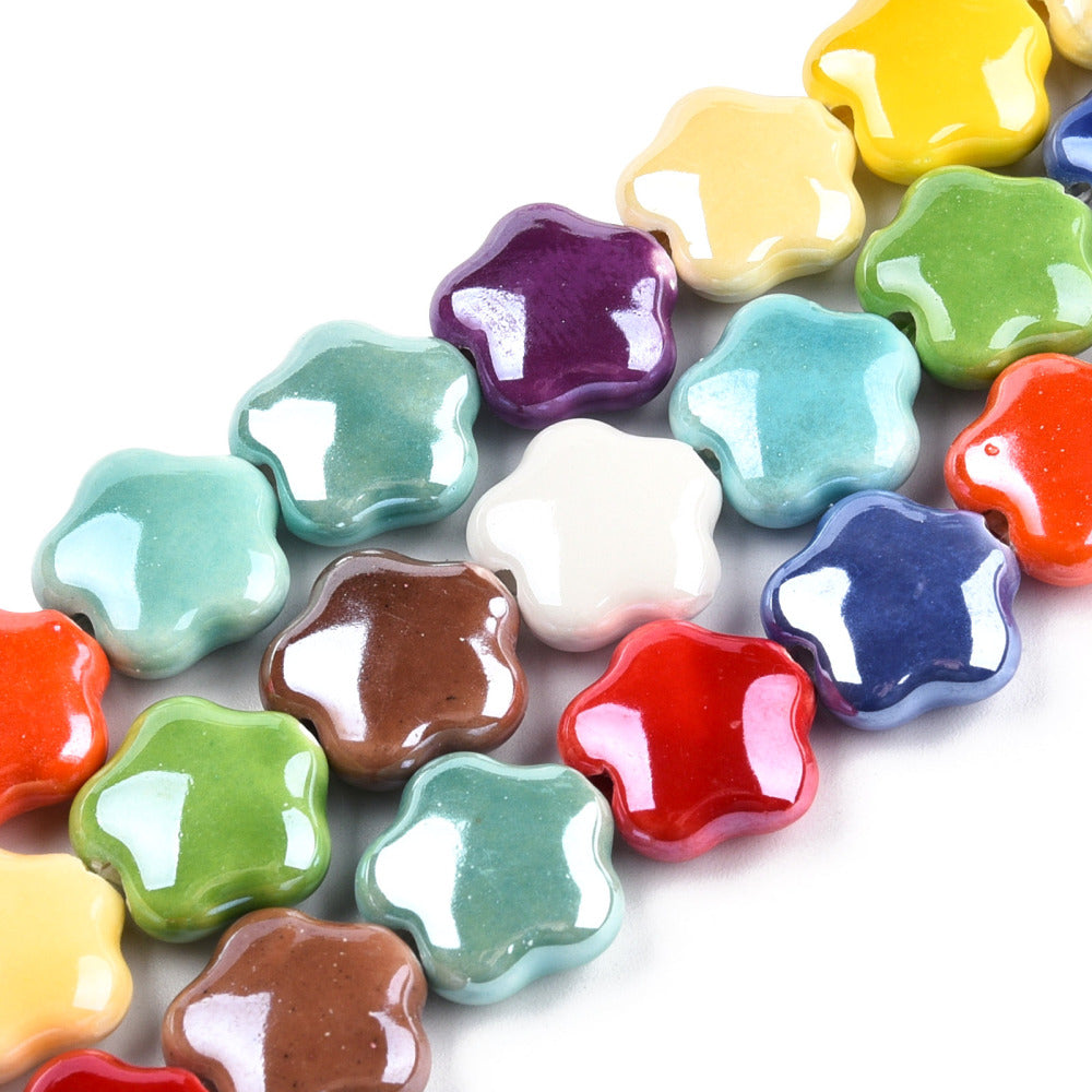 Handmade glazed porcelain flower beads strand in mixed bright and pastel colors