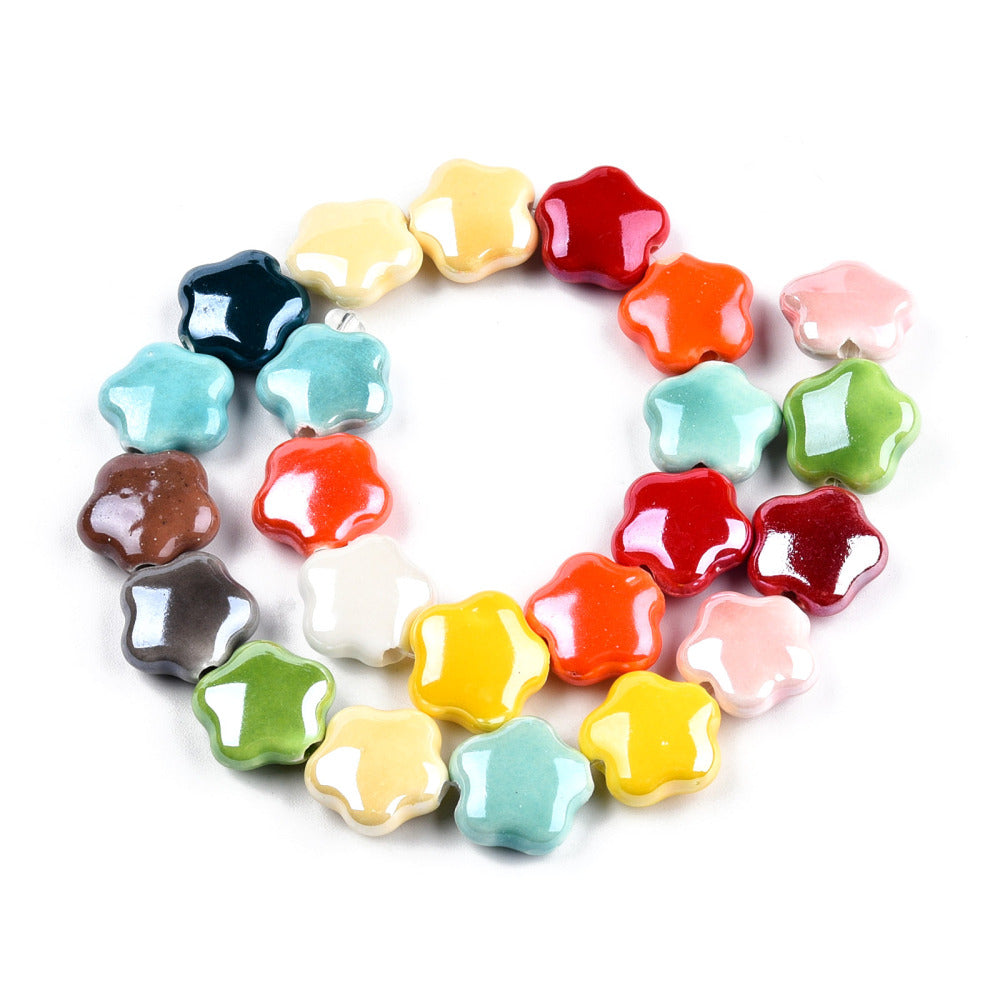 Handmade glazed porcelain flower beads strand with mixed colors, glossy flower shapes