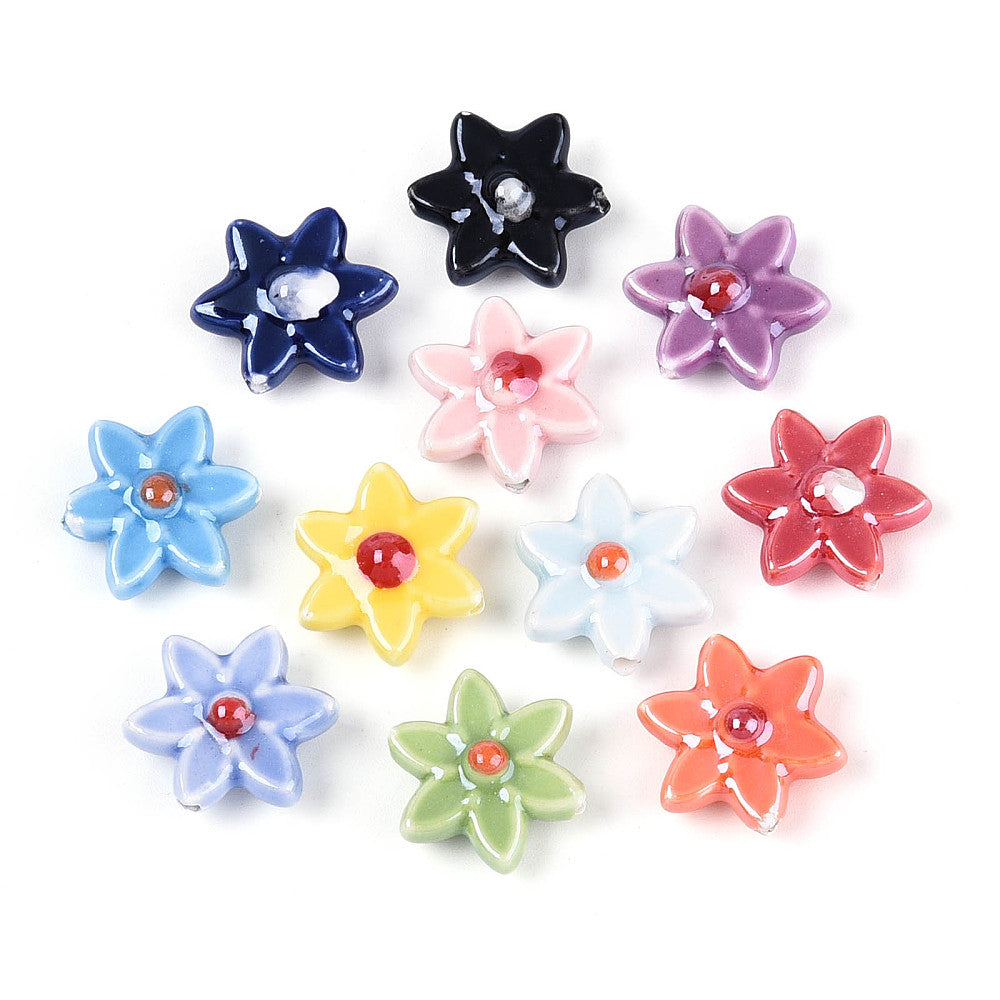 Porcelain flower beads, mixed colors, glossy center dots, assorted styles