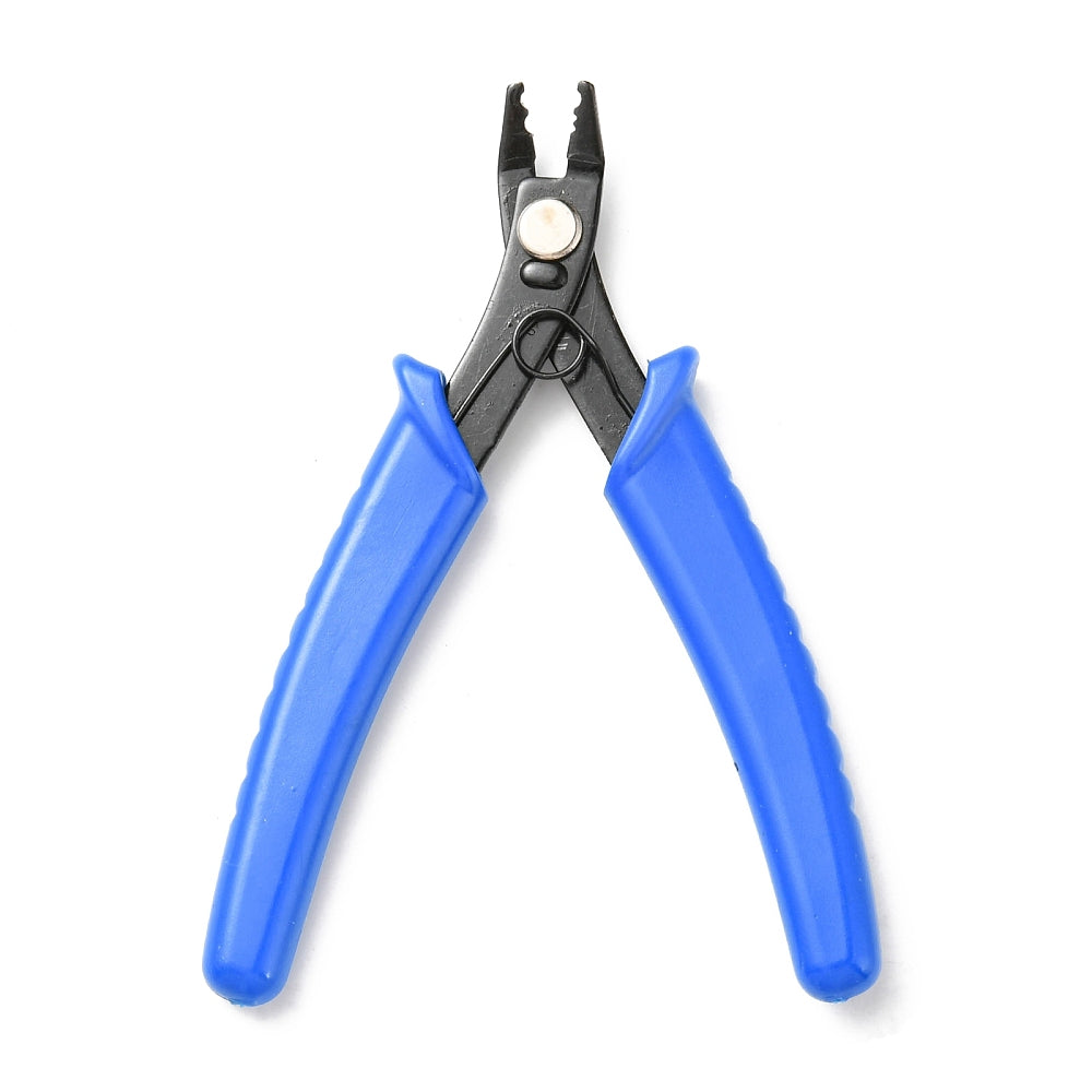 Carbon steel crimper pliers with blue handles and black jaws for crimp beads