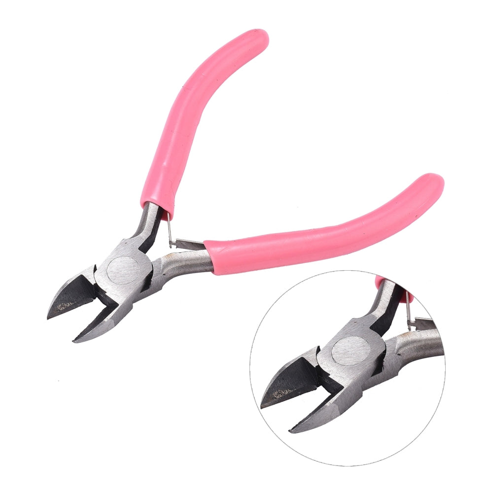 Side-cutting pliers with pink rubber handles and angled black cutter jaws